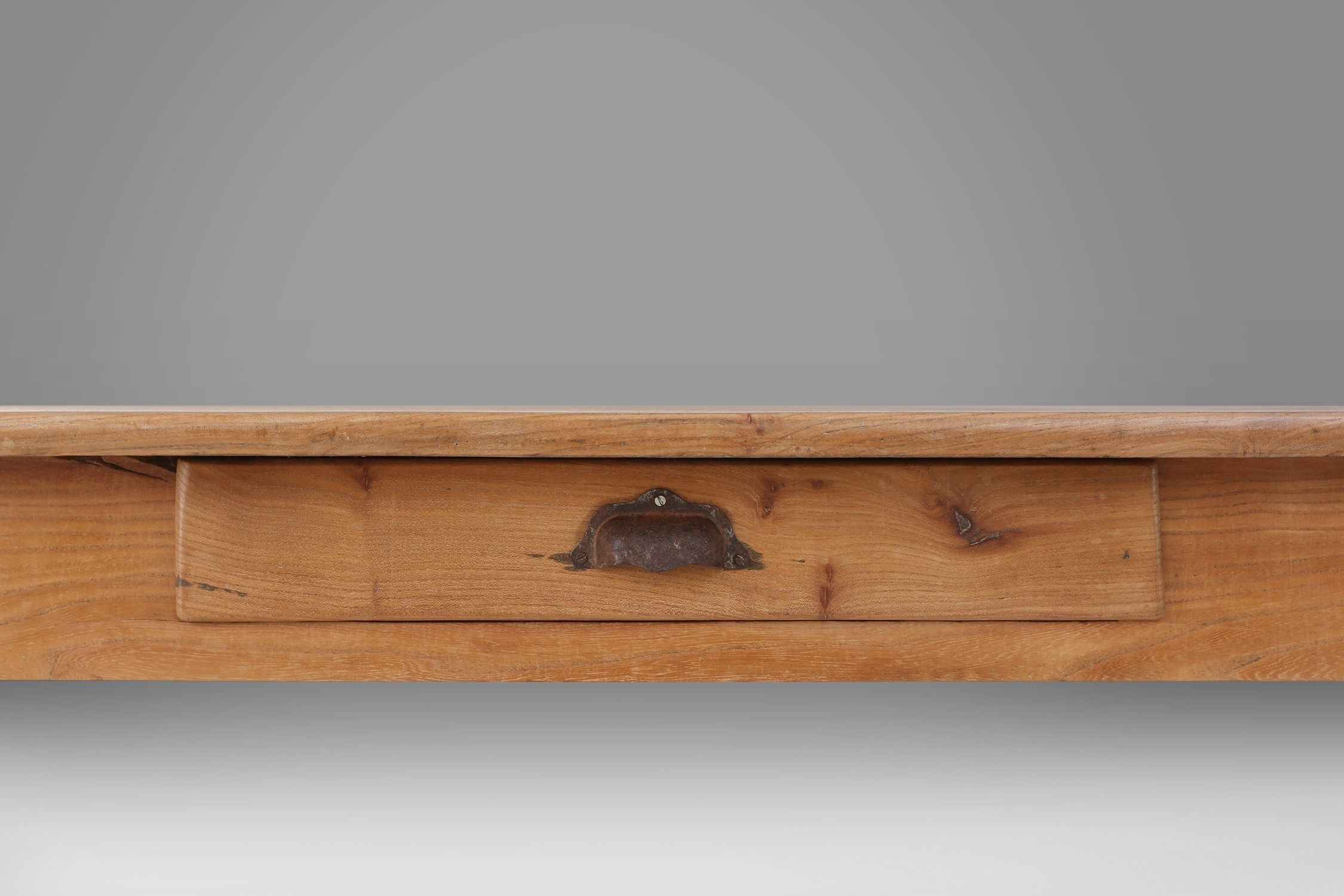 Wabi sabi style French dinner table in elm wood with drawer, ca. 1850thumbnail